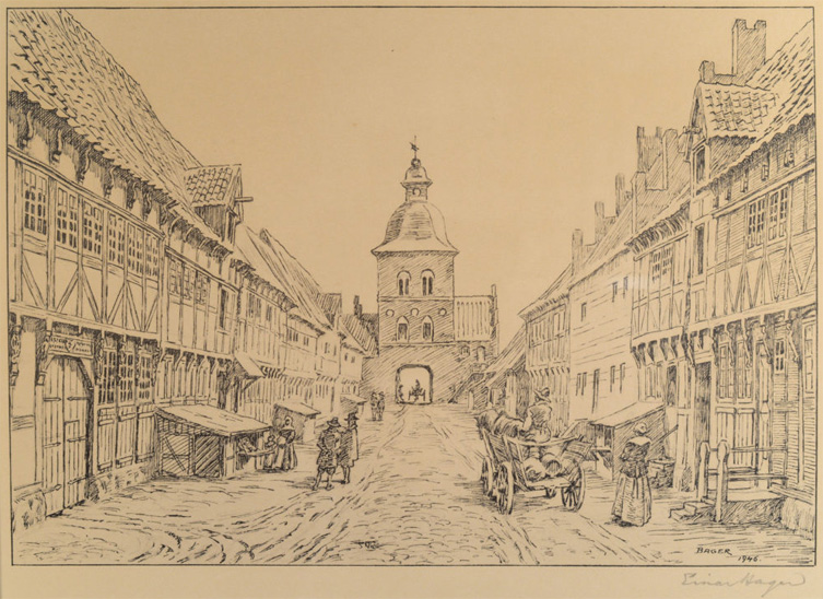 Södergatan på 1600-talet, skiss av Einar Bager. Foto: Malmö Stadsarkiv.