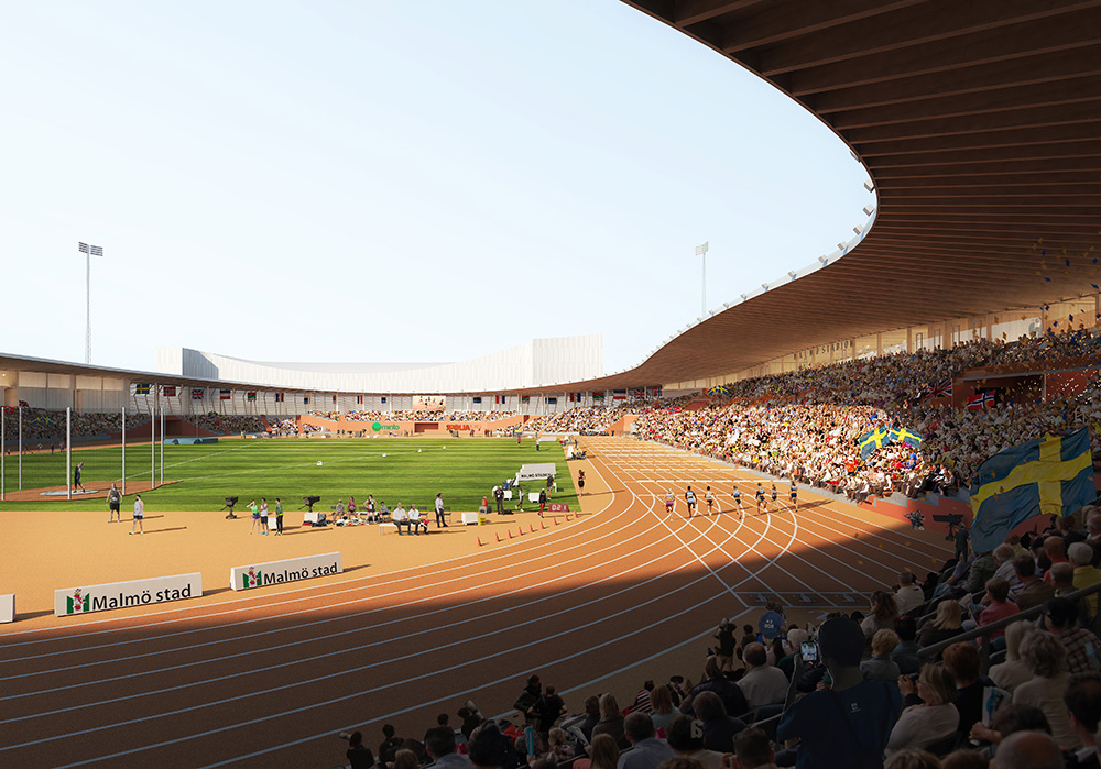 Visionsbild, sedd inifrån nya stadion.