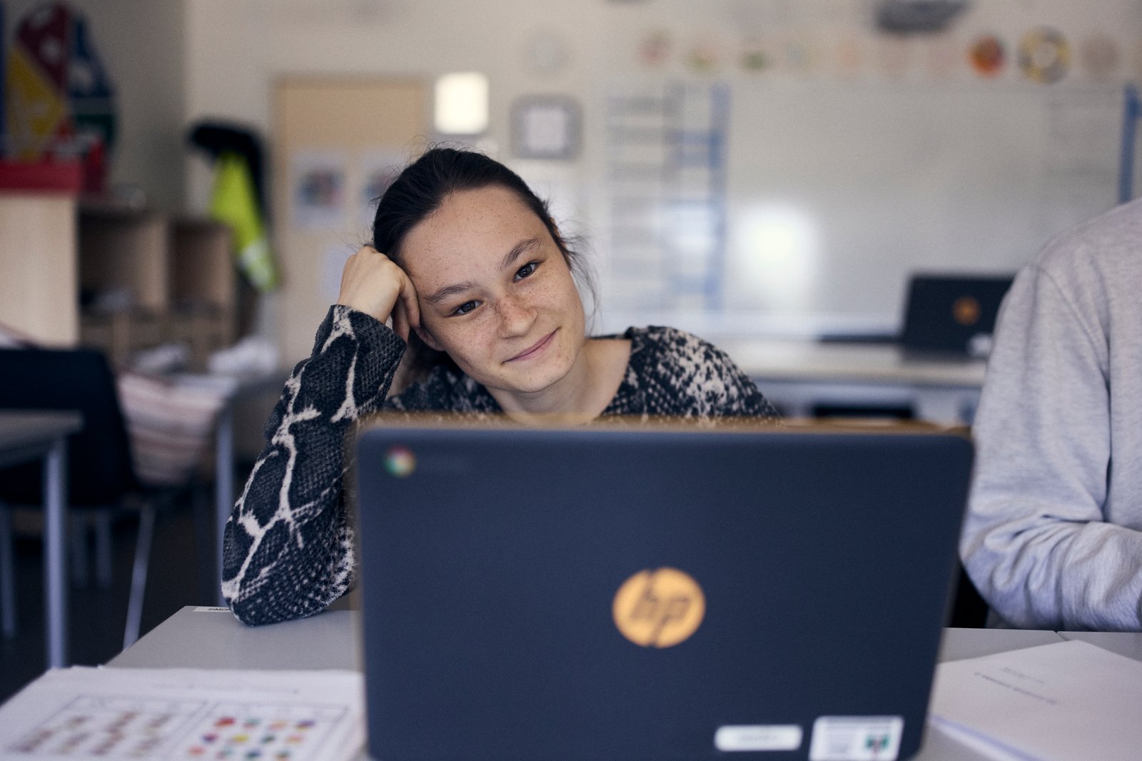 En elev sitter framför sin dator.