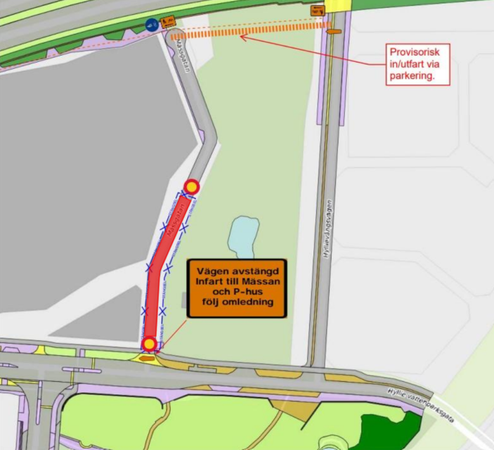 Bilden visar en karta där Mässgatan är avstängd nära korsningen till Hyllie Vattenparksgata.