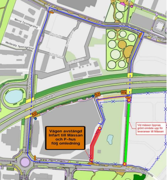 Bilden visar en karta där trafiken till mässan omleds via Hyllie Vattenparksgata, Hyllie Boulevard och Hyllievångsvägen.