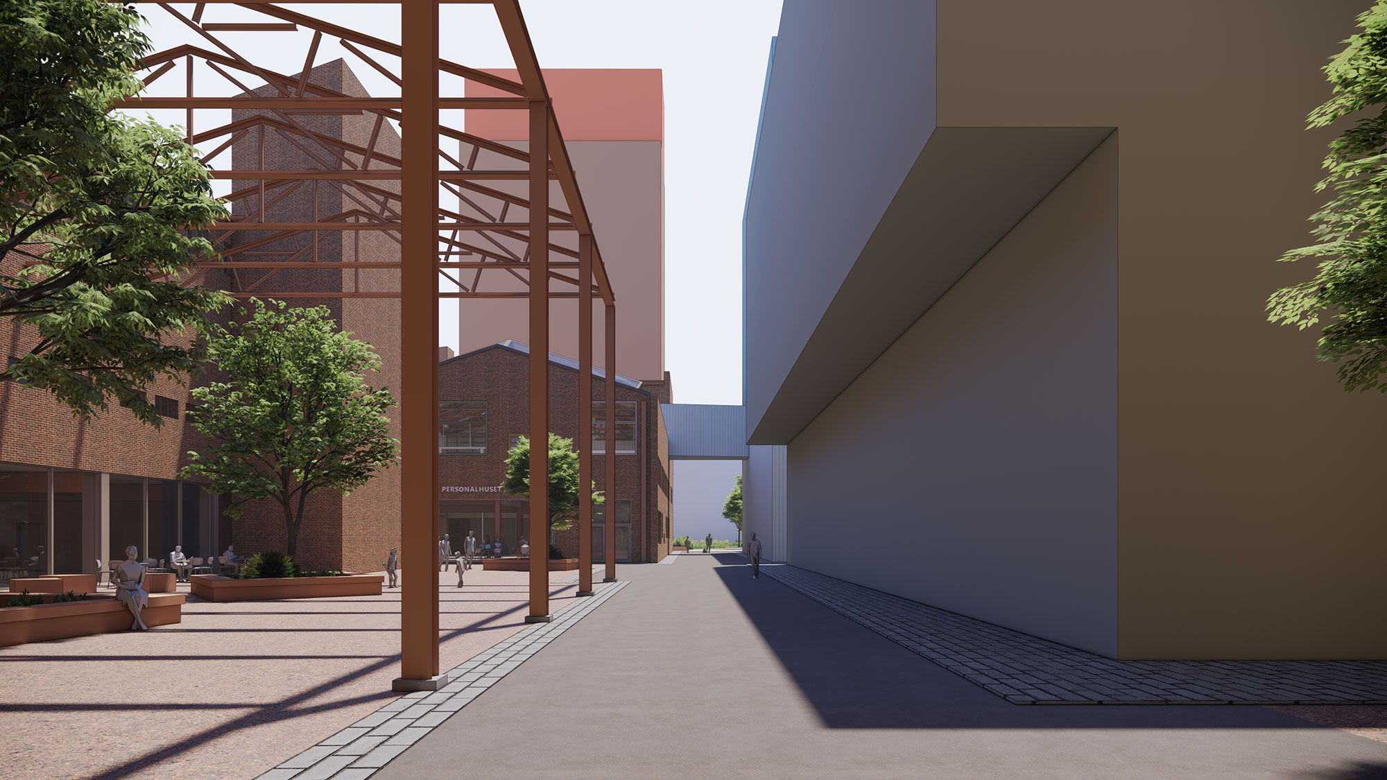 Visualisering av en gata med nya och bevarade byggnader, öppna ytor med träd och sittplatser samt gångstråk som binder samman området.