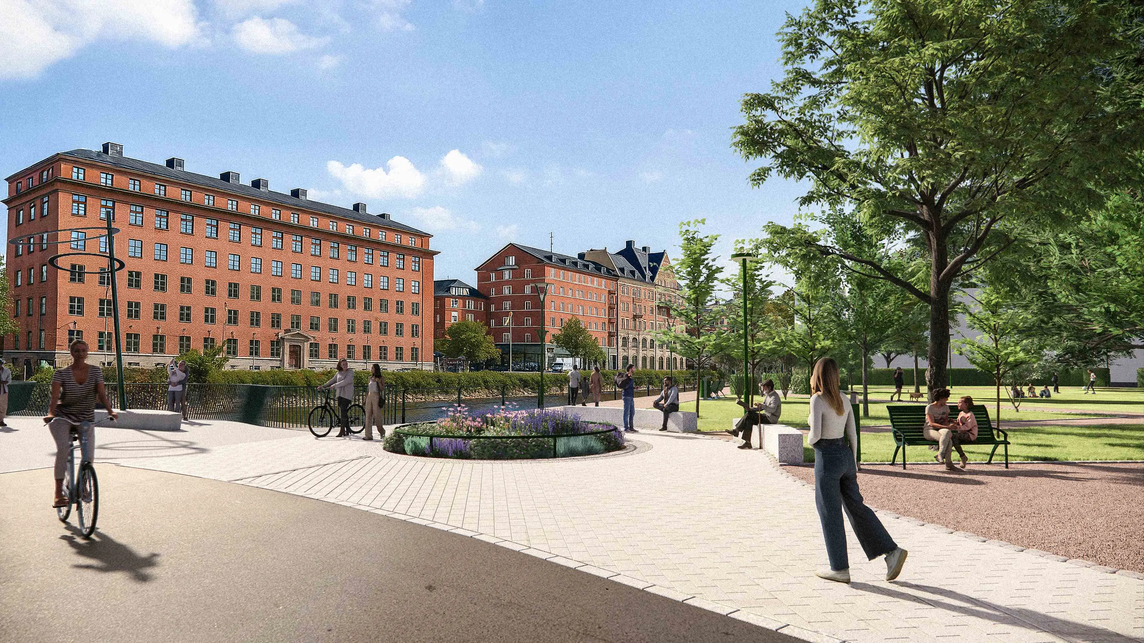 Illustration som visar parkytan när den är ombyggd med bland annat nya träd, buskar, bänkar.