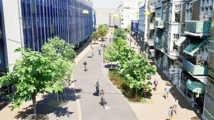 Bild på Södra Förstadsgatan i riktning mot söderut. På höger sida syns Triangeln köpcentrum.