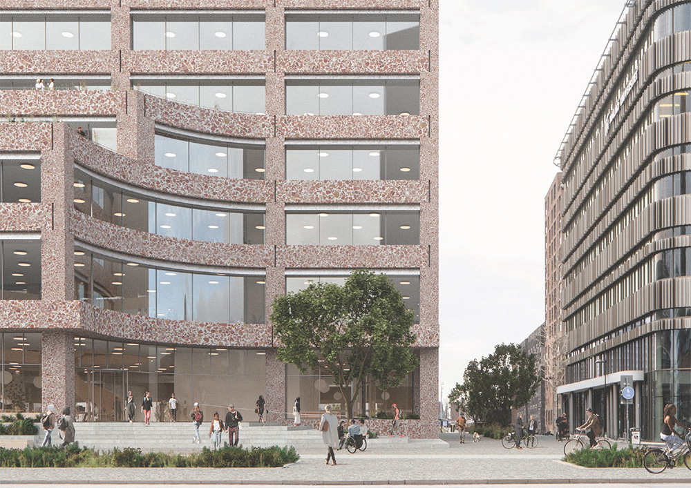 Arkiteksritad konceptbild över utomhusmiljön vid den nya universitetsbyggnaden. 