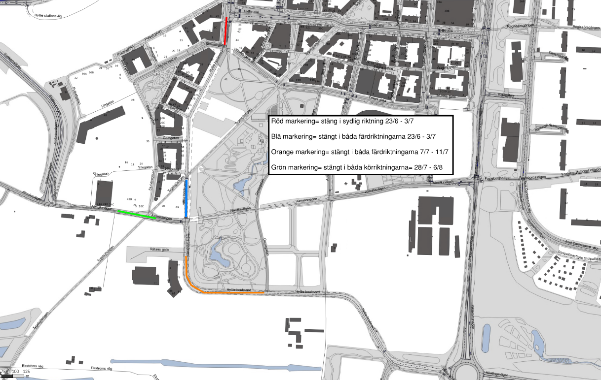 Bilden visar en karta med olika avstängningar på Hyllie boulevard och Almviksvägen. En avstängning på Hyllie boulevard gäller i sydlig riktning medan de andra avstängningarna avser båda färd- och körriktningarna.