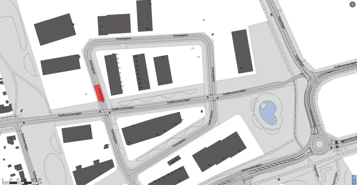bilden visar en karta där Stekelgatan är avstängd på ena sidan om Staffanstorpsvägen.