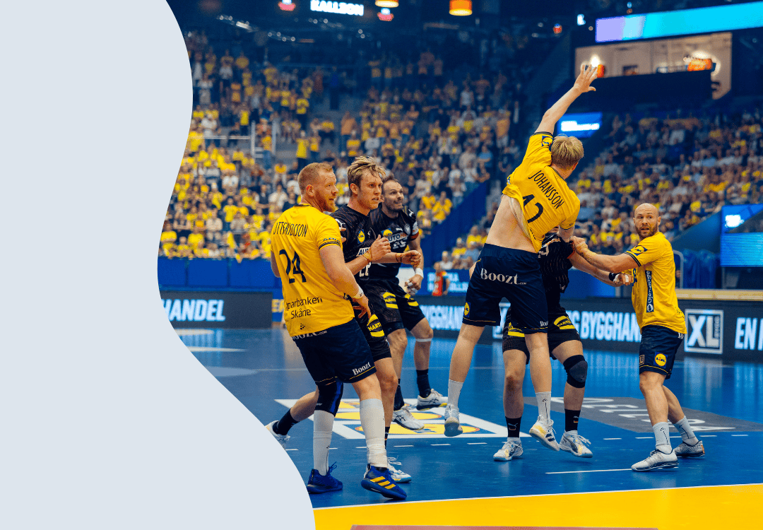 Foto på match med svenska herrlandslaget i handboll. Foto: Handbollslandslaget.