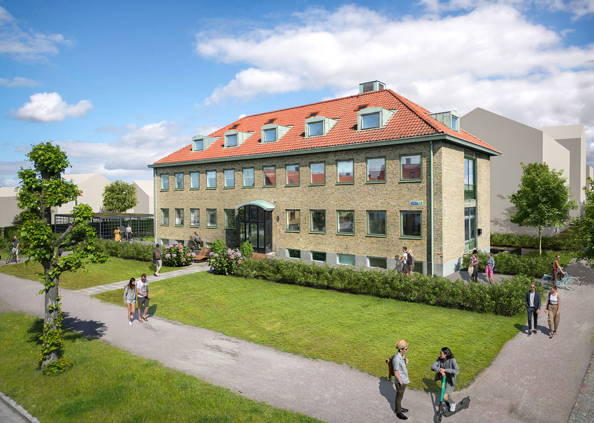 Visionsbild av en äldre kontorsbyggnad i tre våningar som omvandlats till bostadshus och omges av gräsmatta,växtlighet och människor.