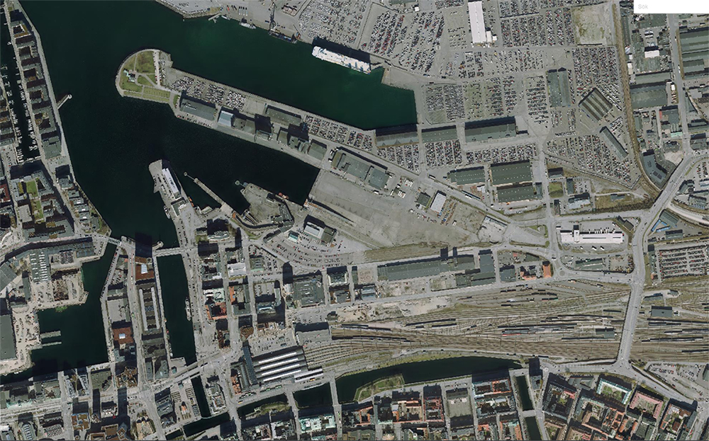 Ortofoto över Färjeterminalen och Nyhamnen.
