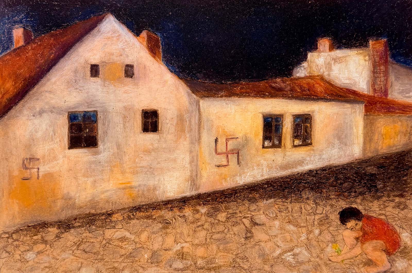 Tavla på flicka framför hus med målade hakkors på.