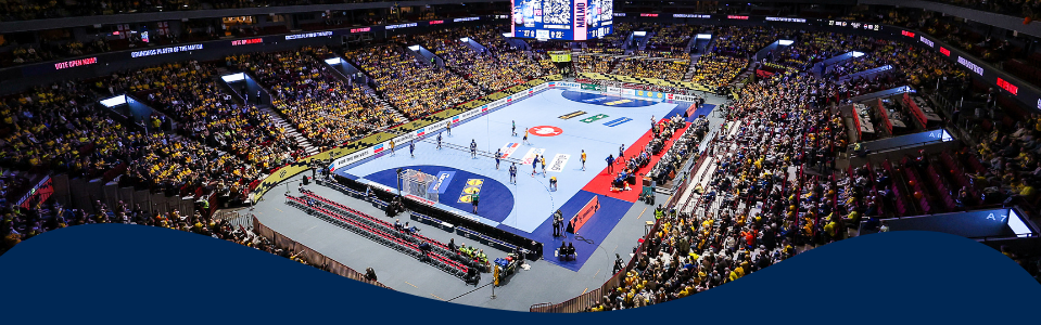 Overhead image of Malmö Arena, with Sweden against the Netherlands during Men's EHF EURO 2026.