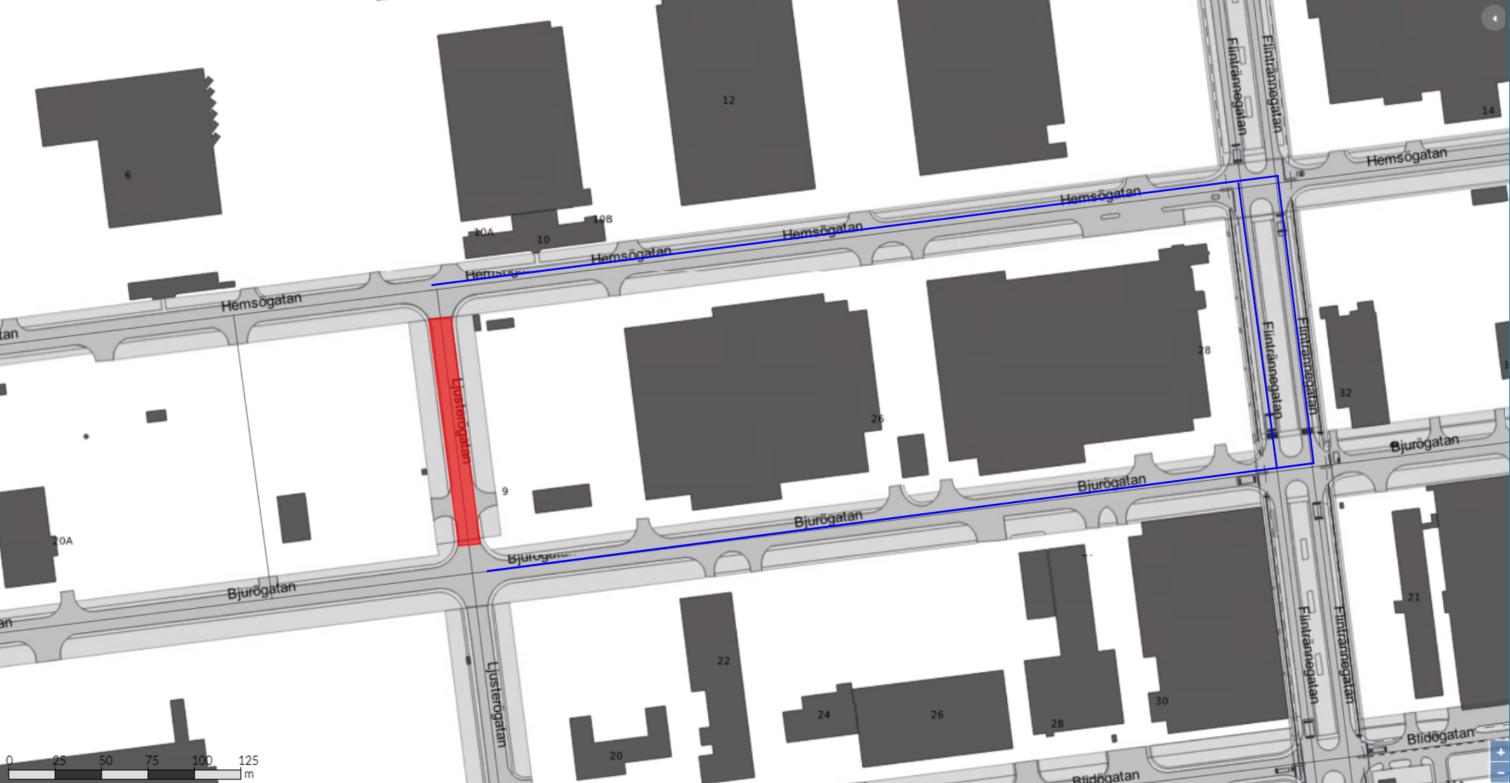 Bilden visar en karta där Ljusterögatan är avstängd för trafik mellan Hemsögatan och Bjurögatan och närmsta omledningsväg går via Hemsögatan, Flintrännegatan och Bjurögatan.
