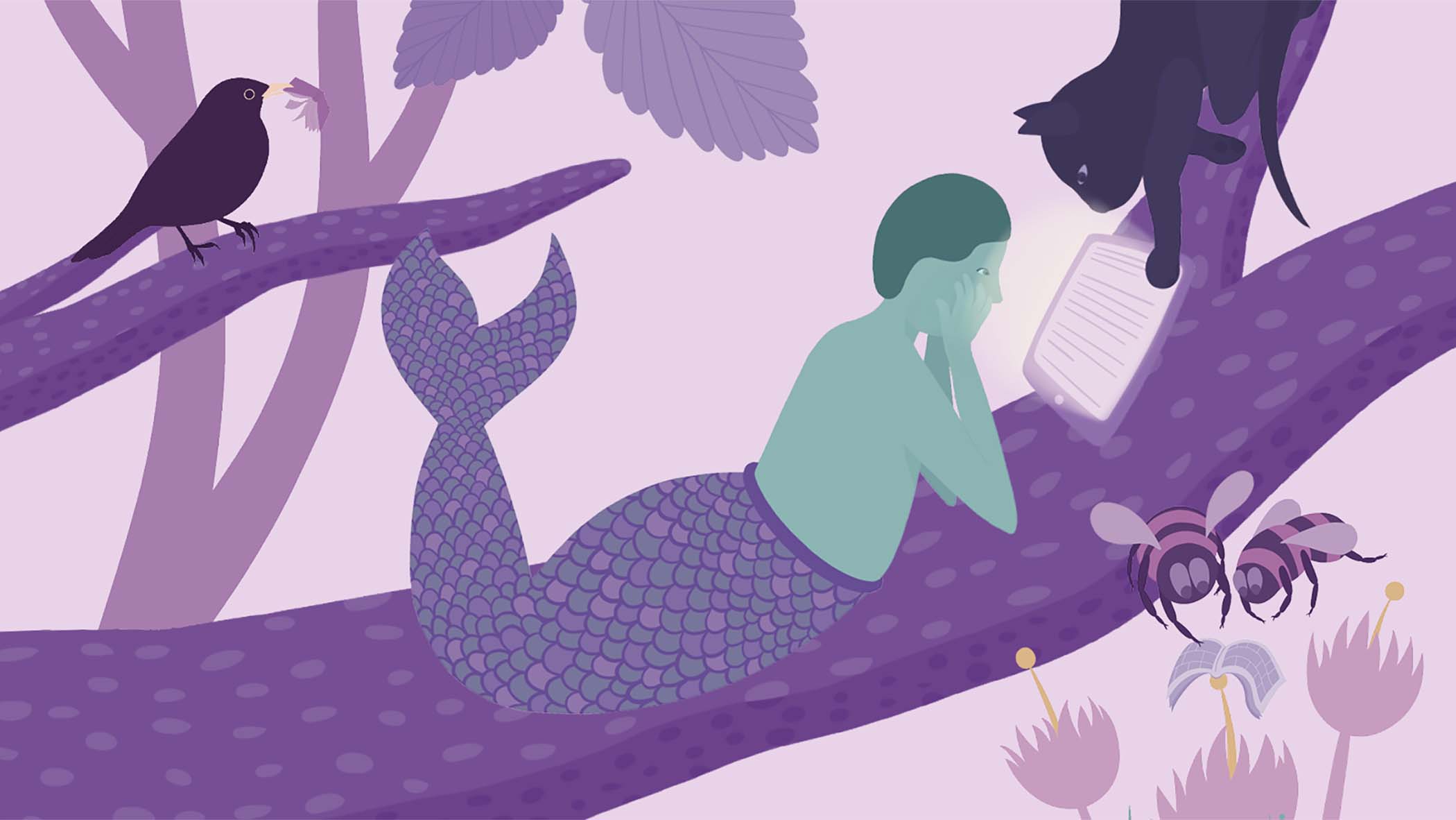 Illustration med figur som läser i träd.