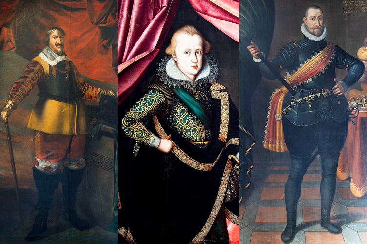 Collage av tre äldre målningar föreställande Fredrik II, Kristian IV och den utvalde prinsen som ung.