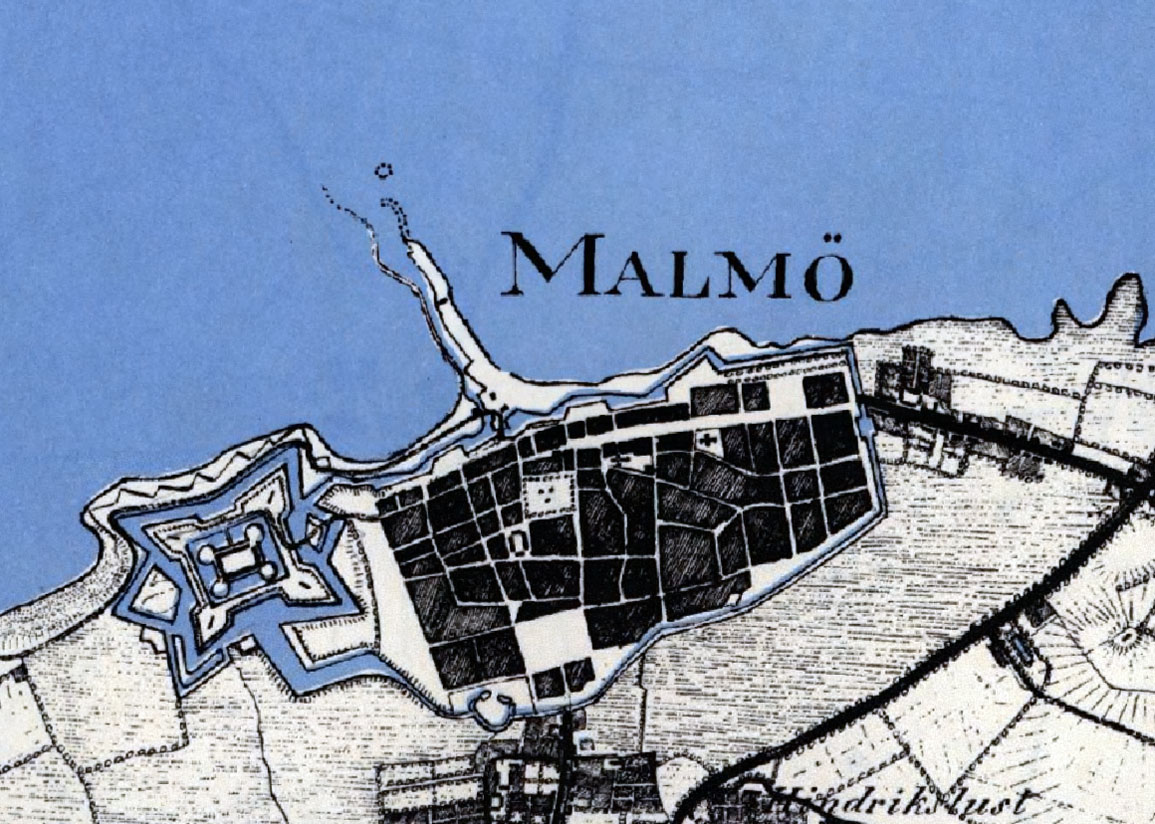 Kartbild av Malmö från 1812 som visar hur liten staden var och hur nära havet nästan hela Malmö låg.