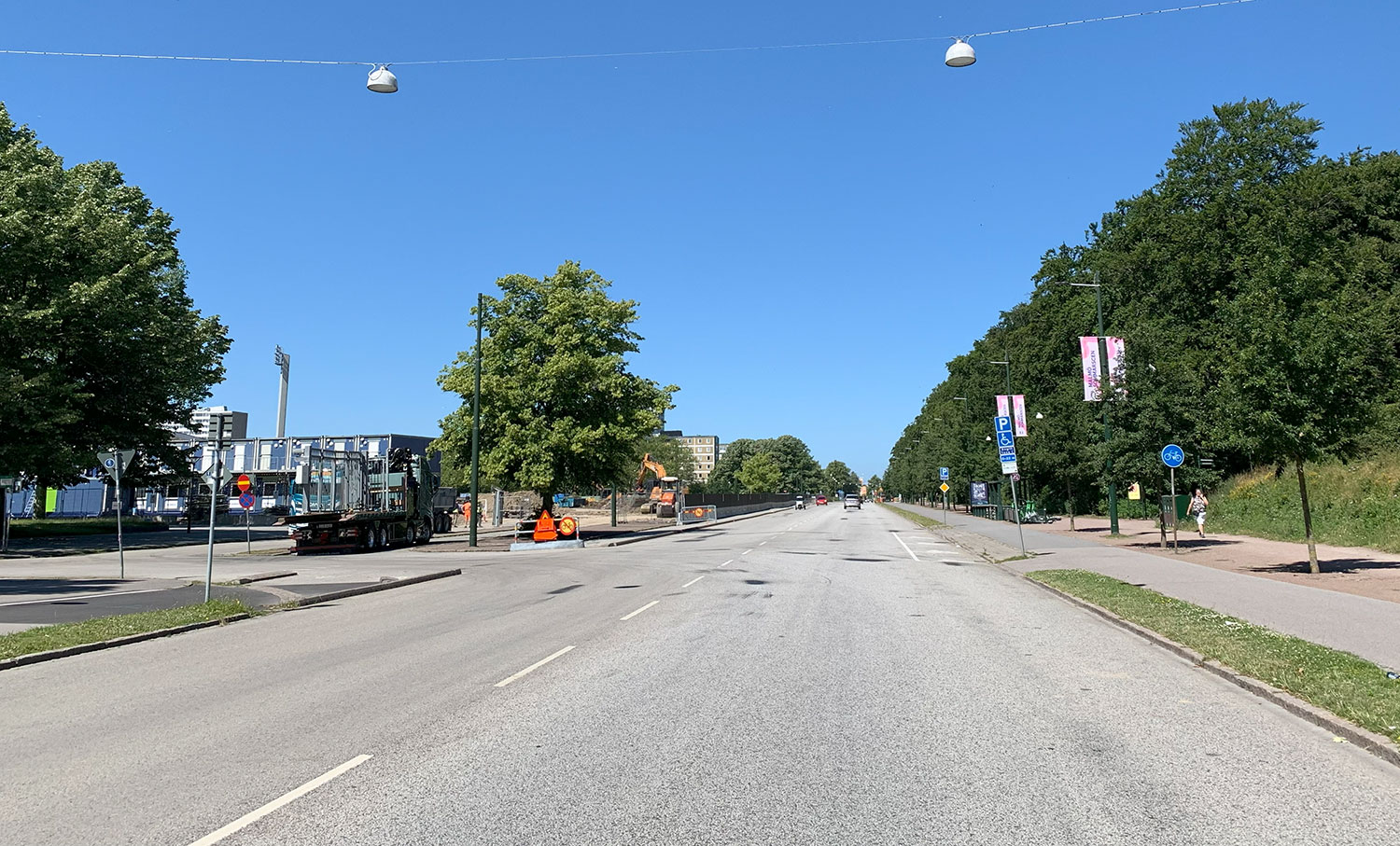 En bred gata kantad av träd. Malmö stadion ses i bakgrunden. 
