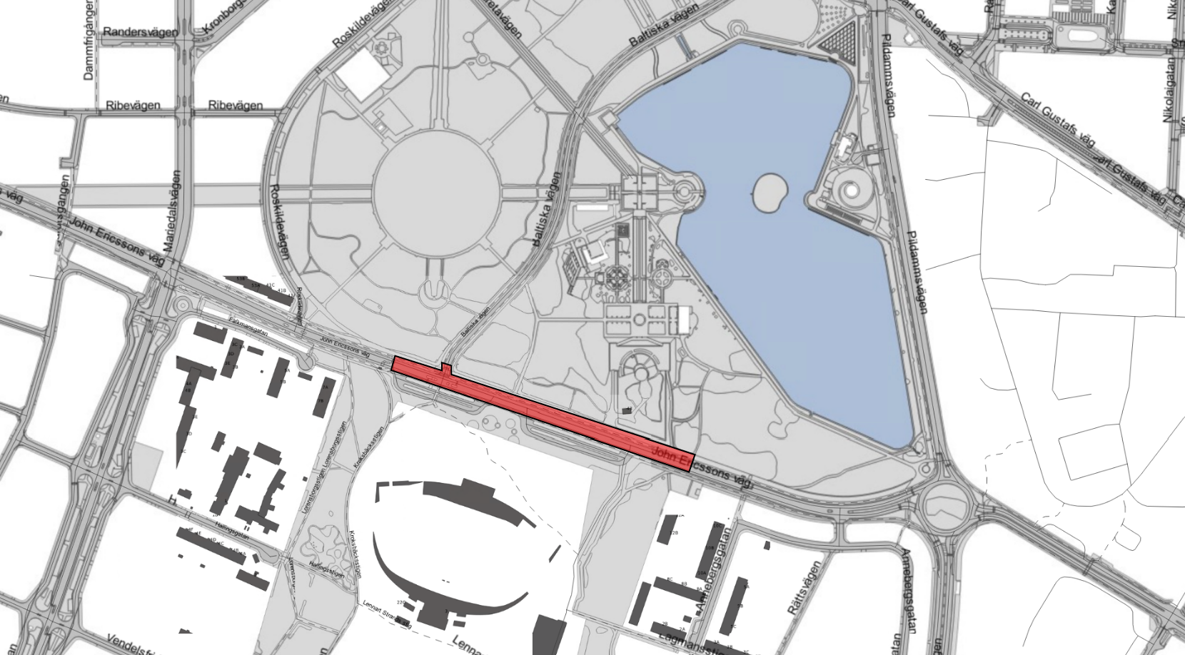 Bilden visar en karta där John Ericssons väg är avstängd mellan Annebergsgatan och Krokbäcksstigen.