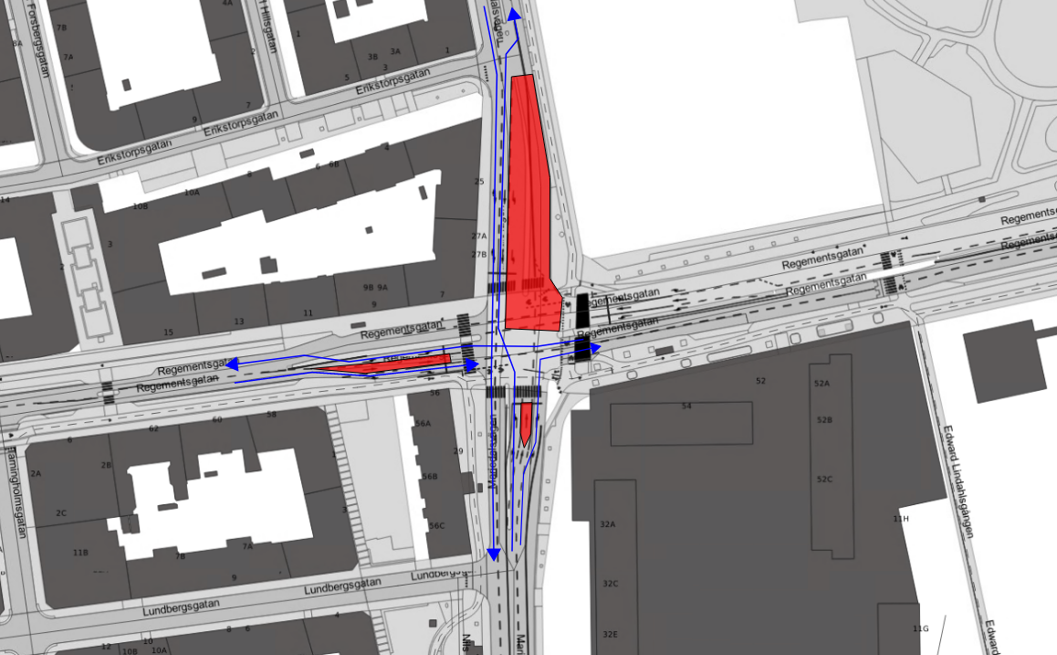 Bilden visar en karta med avstängt arbetsområde kring korsningen Regementsgatan och Mariedalsvägen och tillgängliga körfält för fordonstrafik förbi arbetet.