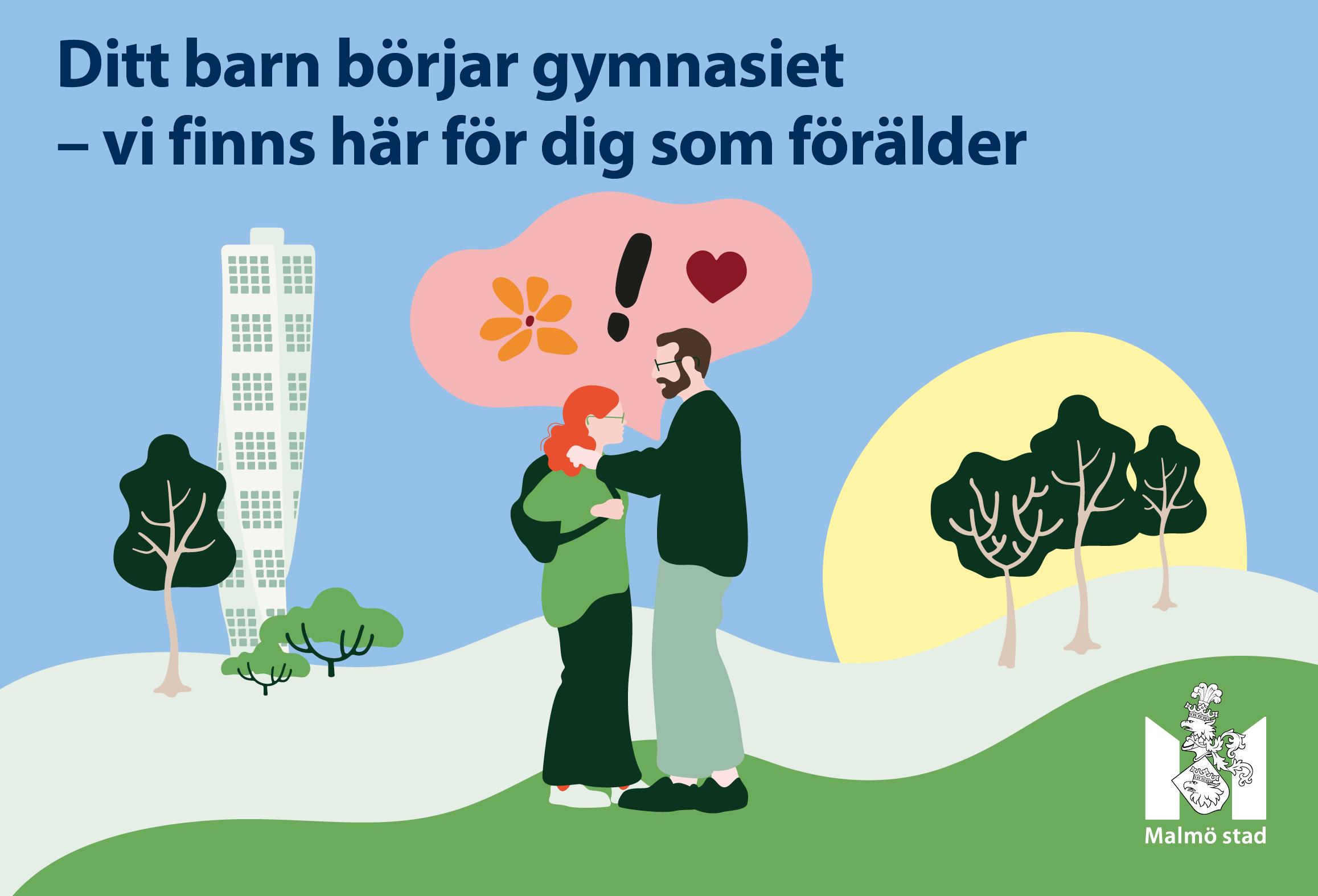 Vykortets framsida, en pappa kramar om sin dotter som är på väg till skolan.