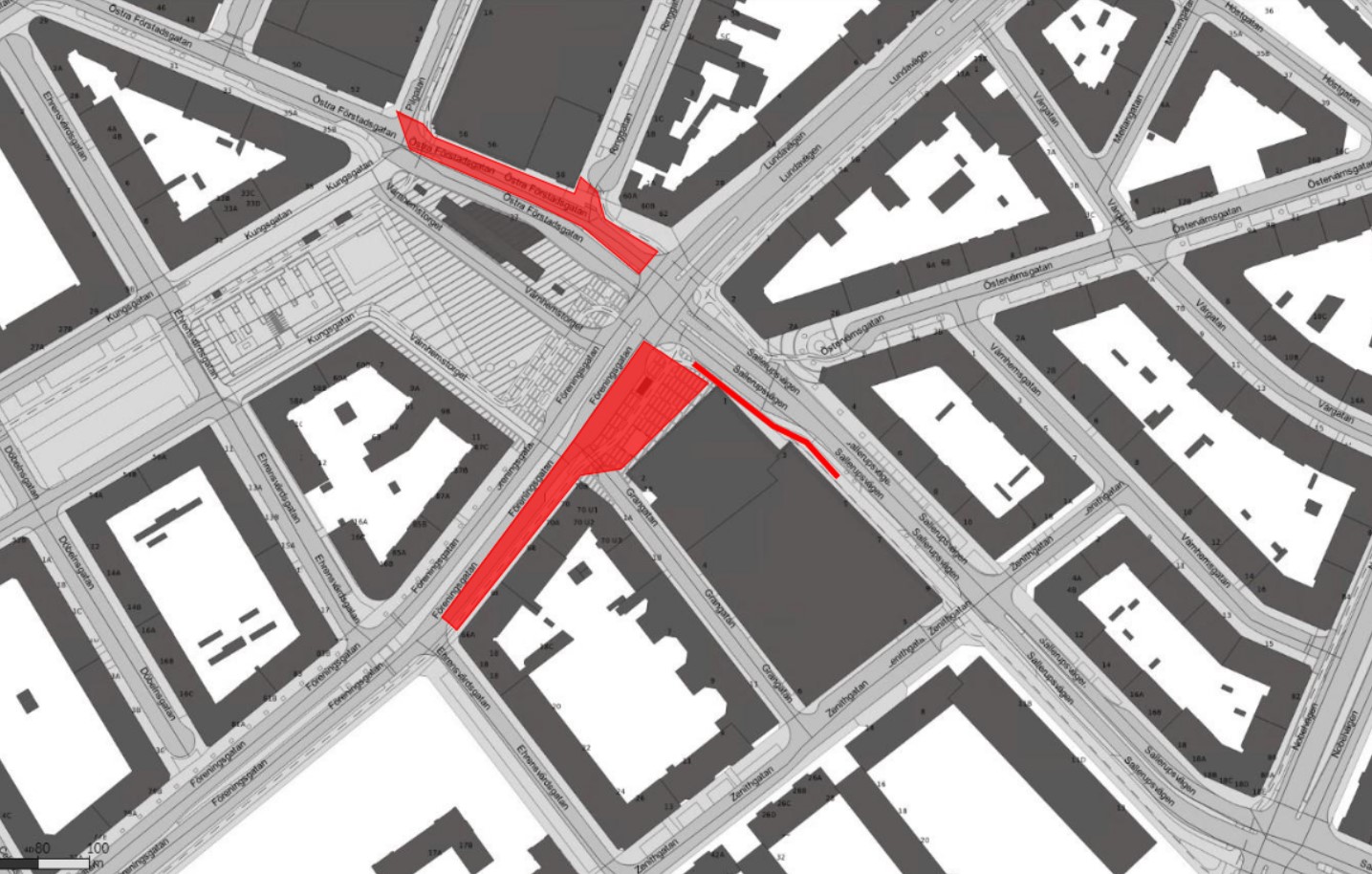 Bilden visar en karta med avstängt arbetsområde på Föreningsgatan, Östra Förstadsgatan och Sallerupsvägen närmast Värnhemstorget.  