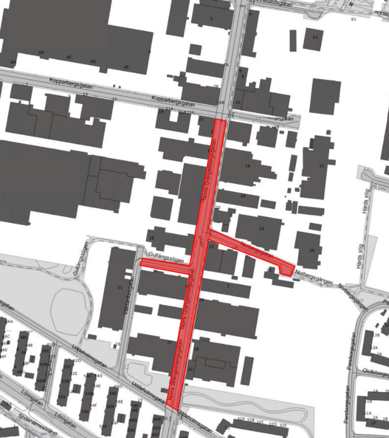 Bilden visar en karta där Västanforsgatan är avstängd 4/9 kl. 07.00 till 8/9 kl. 12.00 och Norra Grängesbergsgatan stängs av 5/9 kl. 12.00 till 8/9 kl. 12.00