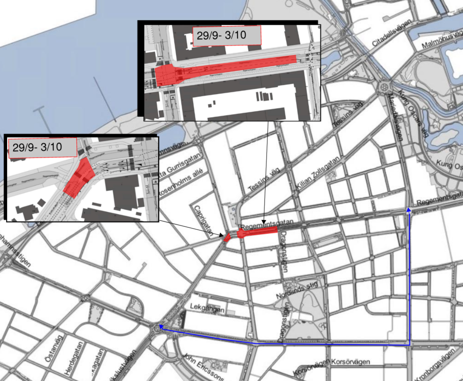 Bilden visar en karta där Regementsgatan är avstängd mellan Tessinsväg och Dragonstigen och nära korsningen och nära korsningen med Erikslustvägen. Omledning av trafiken sker via Mariedalsvägen och Köpenhamnsvägen.
