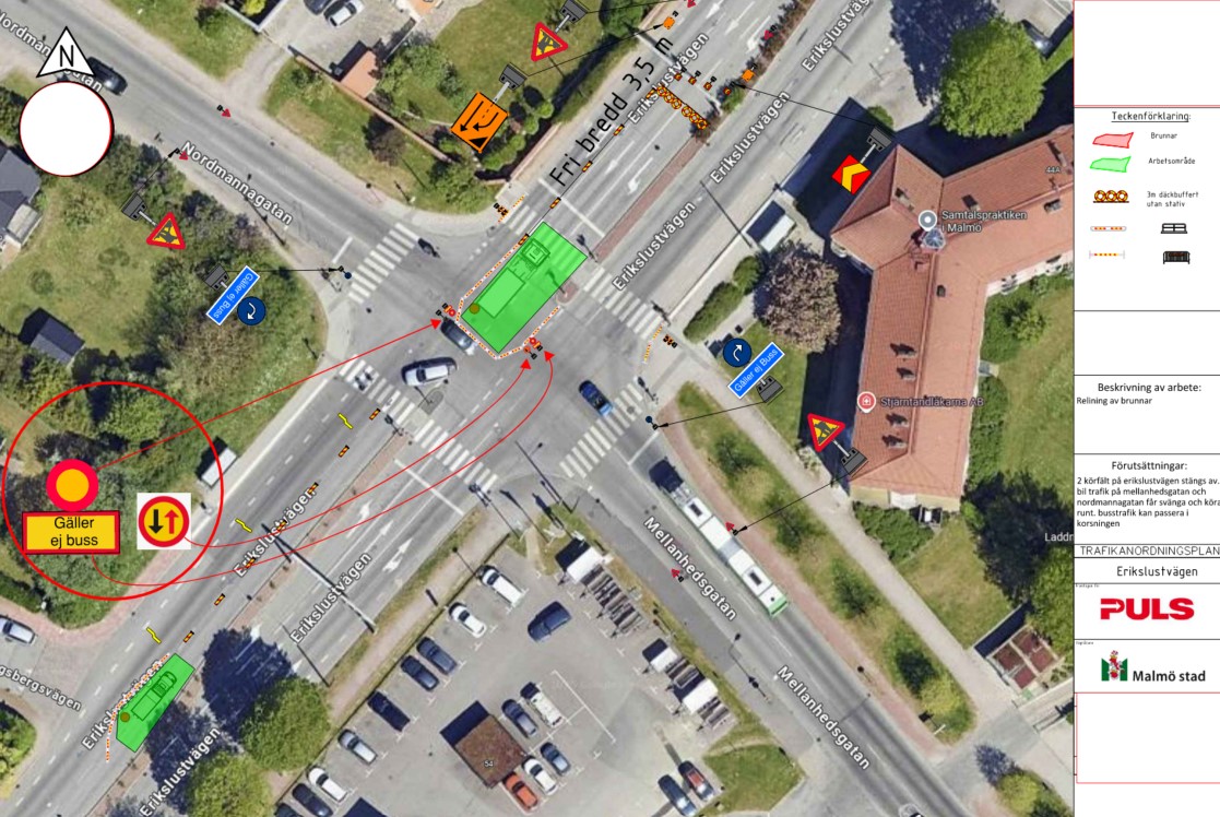 Bilden visar en karta där Nordmannagatan- Mellanhedsgatan är avstängd vid Erikslustvägen men avstängningen gäller ej busstrafik.