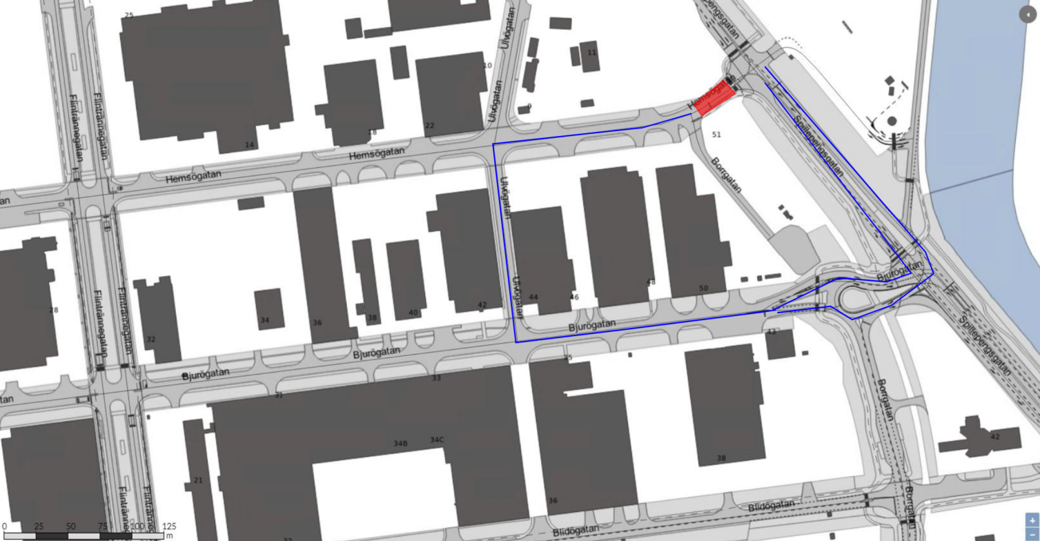 Bilden visar en karta där Hemsögatan är avstängd på grund av kontroll av spår. Närmsta omledningsväg är Spillepengsgatan, Bjurögatan, Utögatan Hemsögatan.