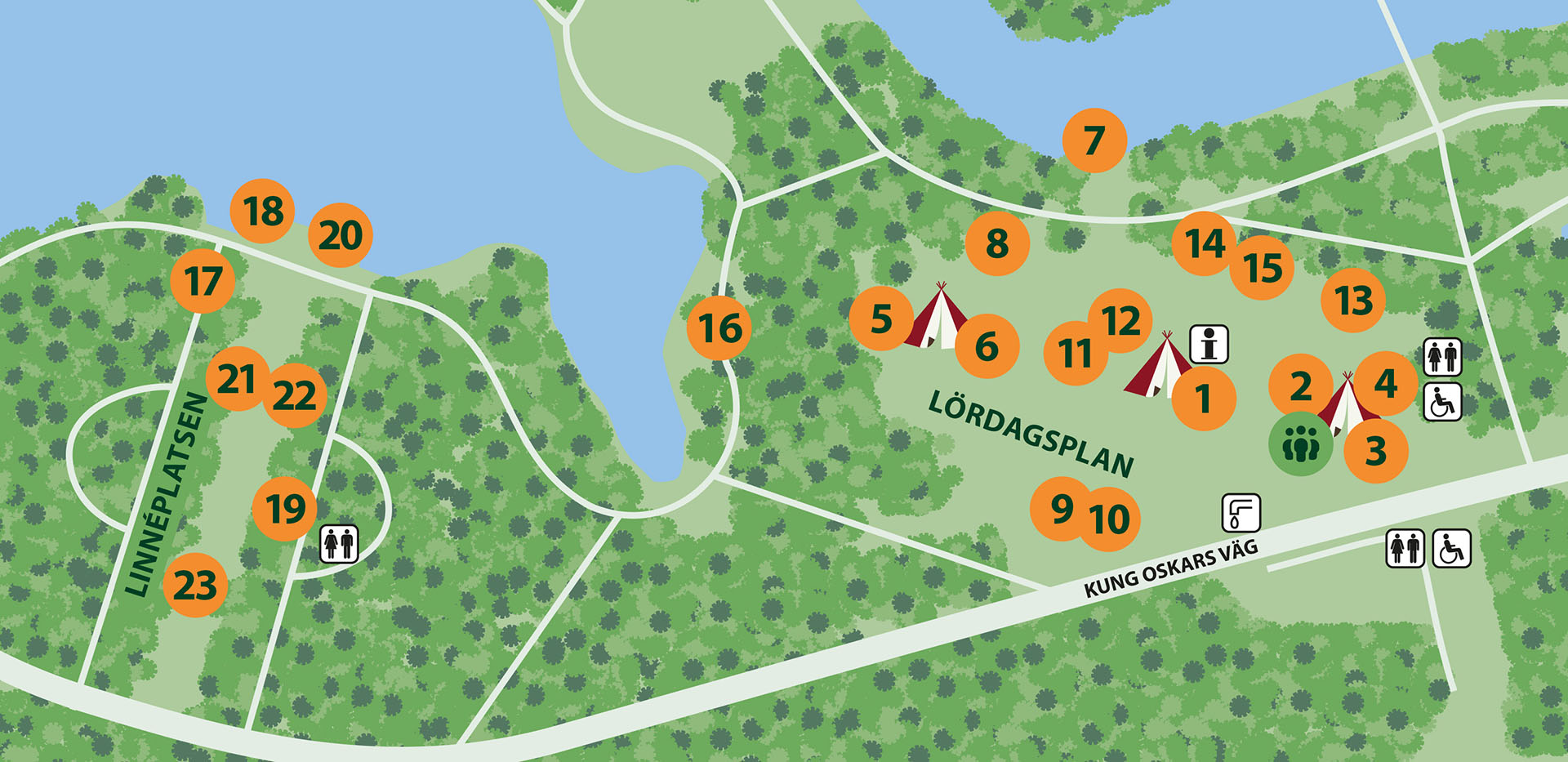 Kartillustration som visar var alla aktiviteter på barnens parkfestival äger rum. För att visa var någonstans så används siffror som markörer som överensstämmer i listan nedanför bilden. 