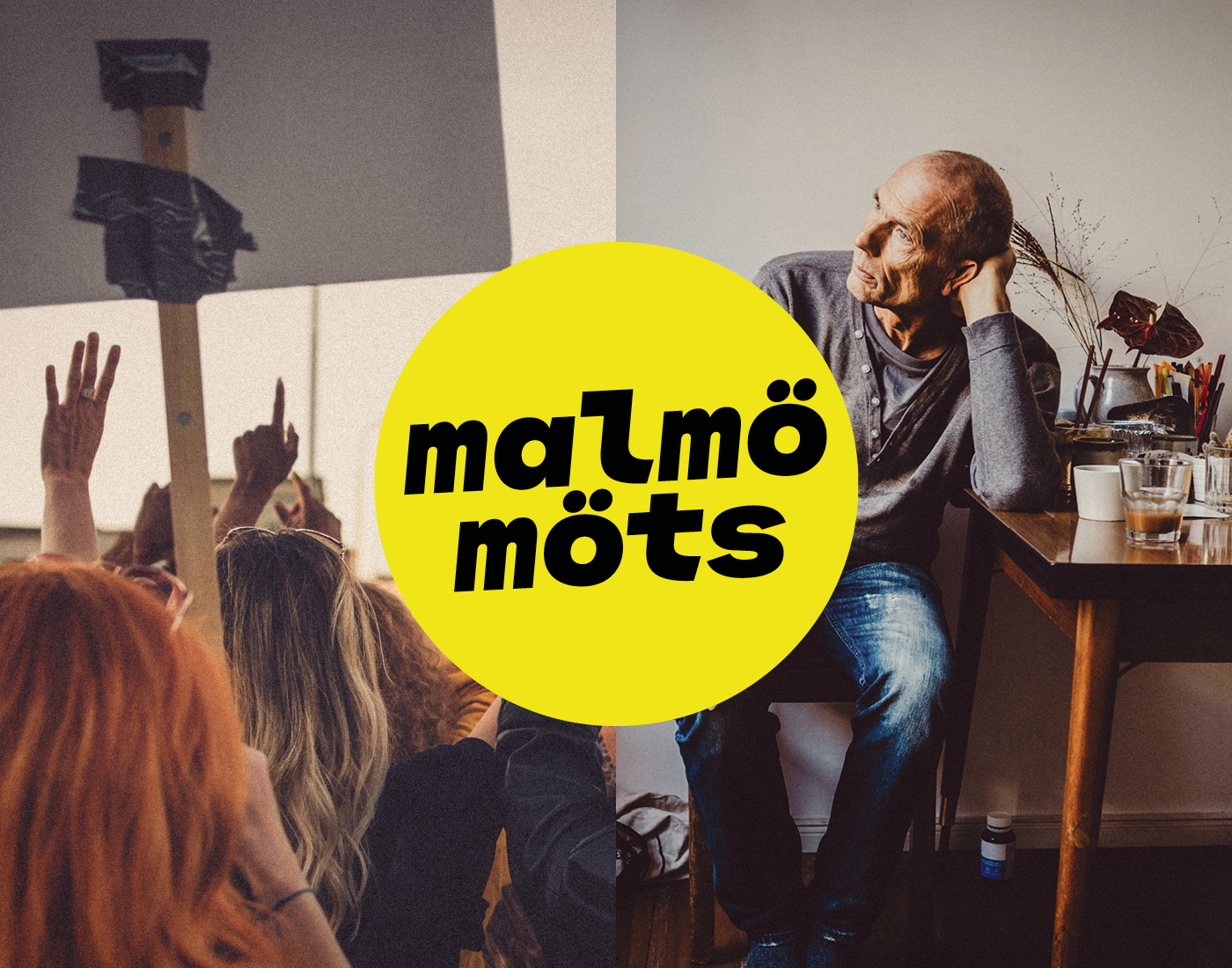 Collage av två foton föreställande unga människor och en äldre man samt logotype med texten Malmö  möts. 