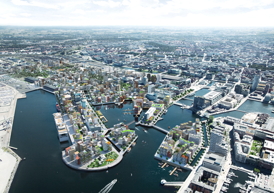 Illustration över den framtida stadsdelen Nyhamnen