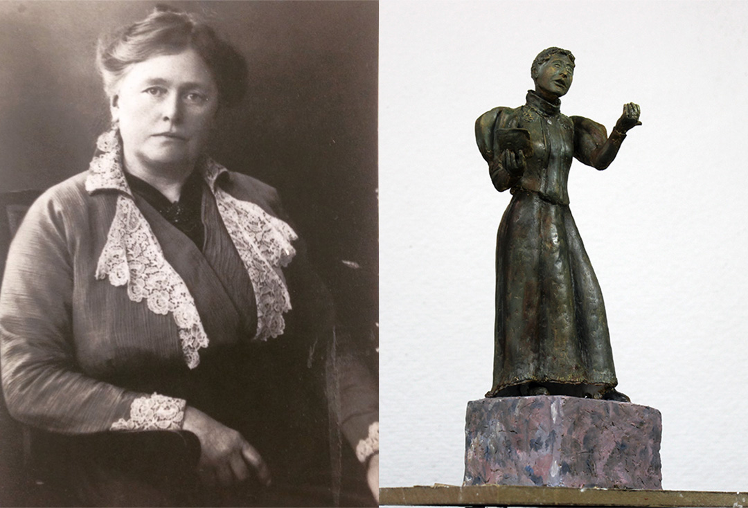 Kollage av två bilder bredvid varandra, den ena en svartvit bild på Elma Danielsson, den andra en bild på modell av skulpturen