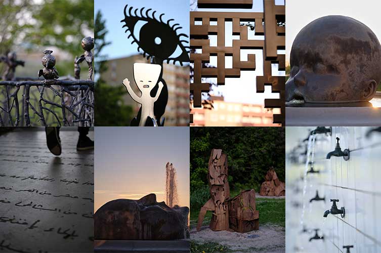 Bildkollage med åtta bilder på olika konstverk som finns i Malmö.