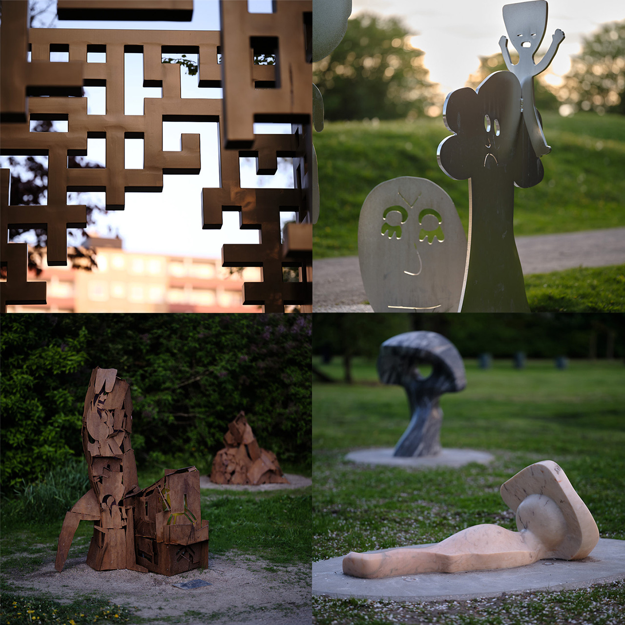 Kollage av fyra olika konstverk som finns i Barnens skulpturpark i Rosengård