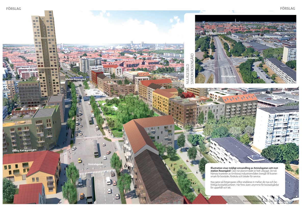 Illustrationsskiss som visar förslag på omvandling av Amiralsgatan sett mot station Rosengård.