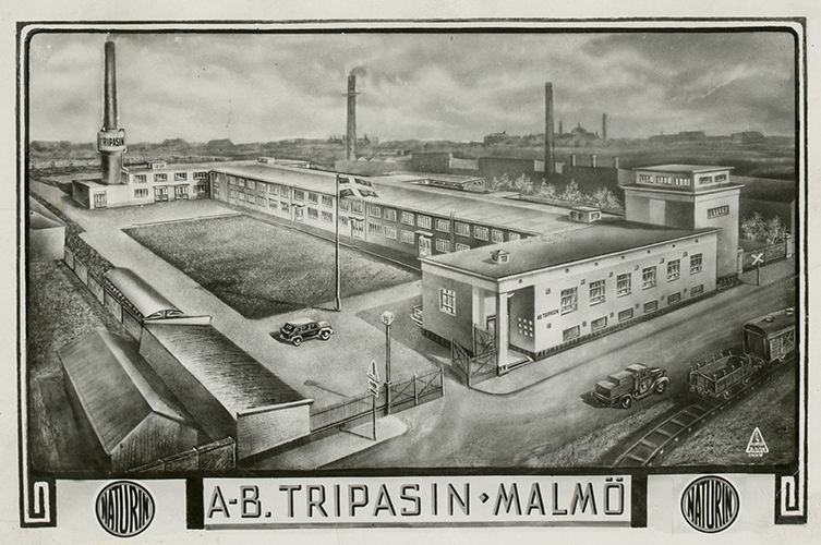 Teckning av en fabriksbyggnad.