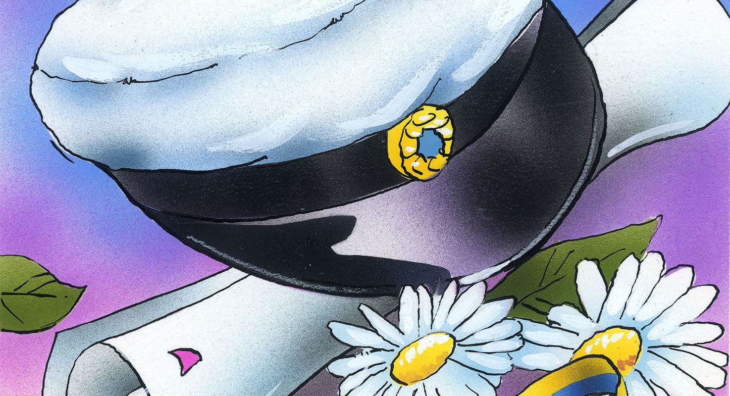 Illustration av en studentmössa omgiven av vita blommor
