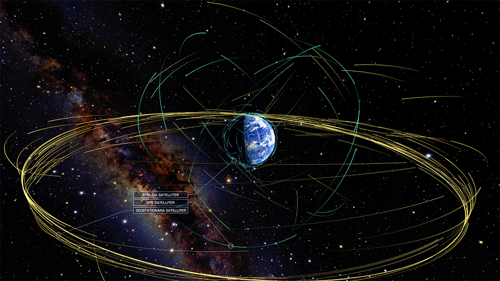 Bild av planeten jorden. Runt jorden syns illustrerade prickar och linjer som symboliserar satelliter som cirkulerar kring planeten. 