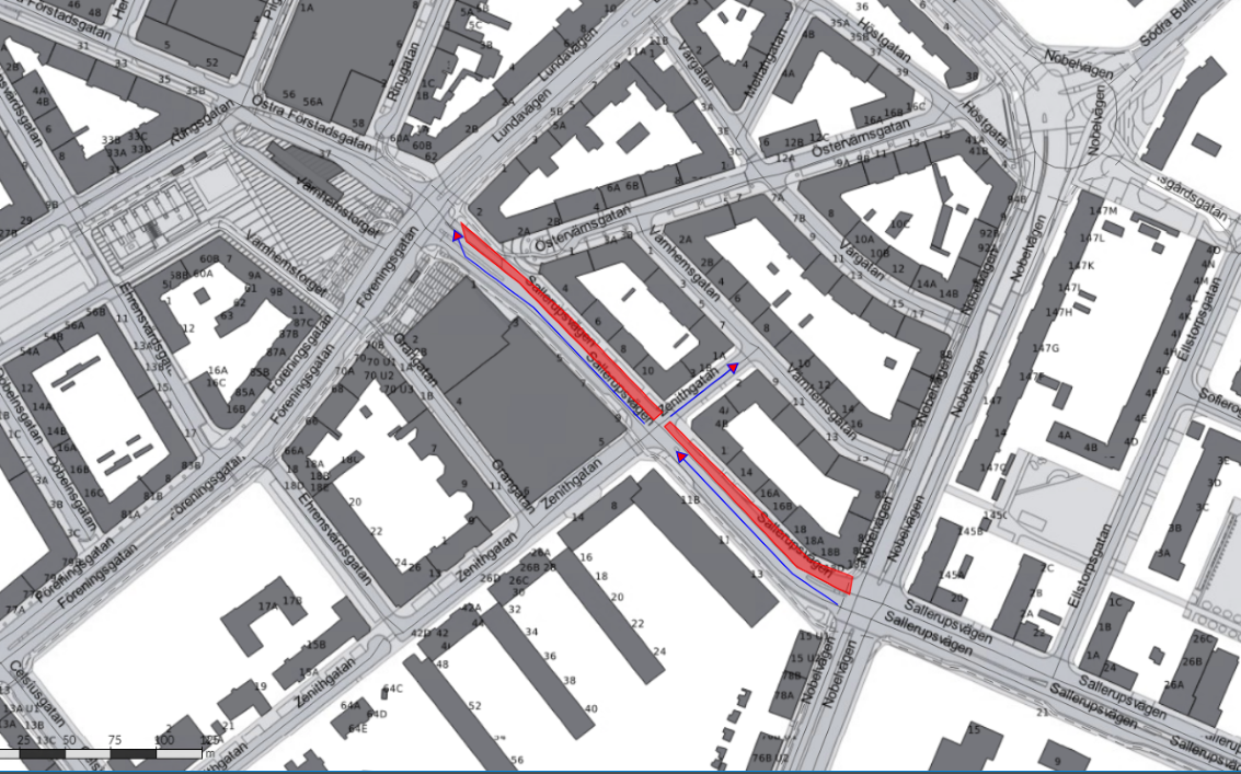 Kartbild visar arbetsområdet på Sallerupsvägen norra sida mellan Nobelvägen och Lundavägen.