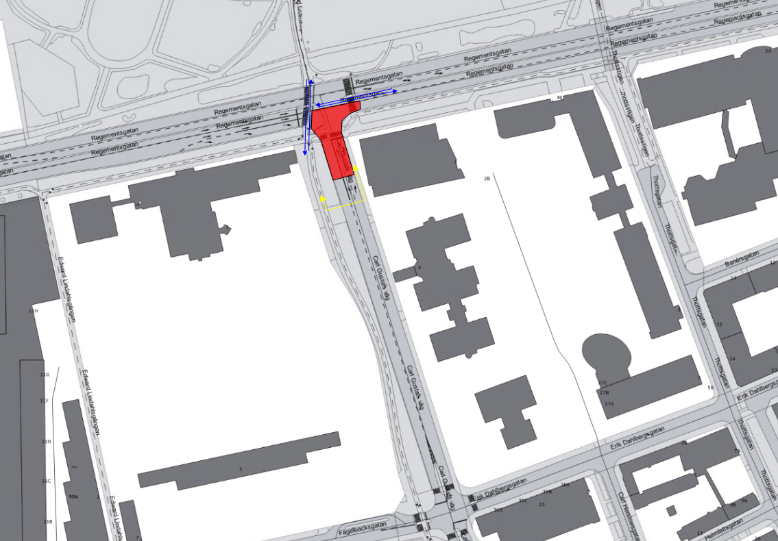 Bilden visar en karta där Carl Gustafs väg är avstängd mellan Regementsgatan och Erik Dahlbergsgatan. Det finns tillgänglig gång- och cykelbana som leds förbi arbetet.  