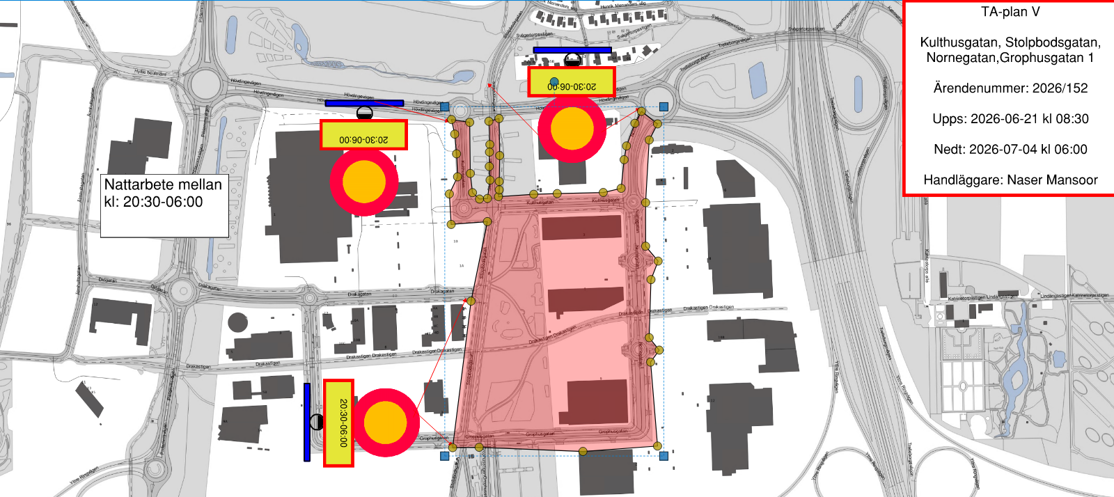 Bilden visar en karta där Kulthusgatan Stolpbodagatan Nonegatan Grophusgatan är avstängda nattetid mellan kl. 20.30 och 06.00.