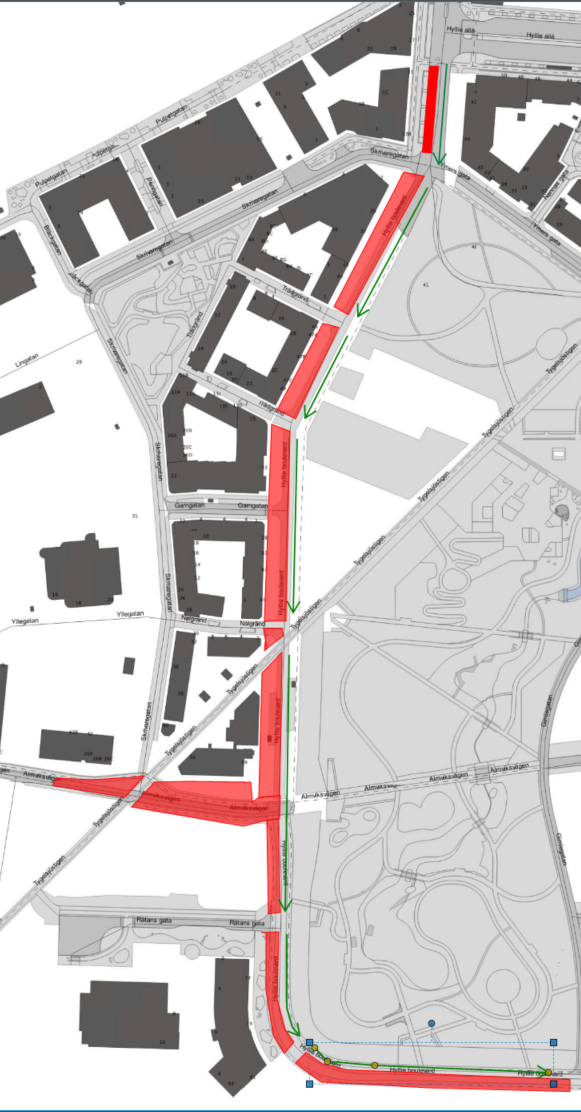 Bilden visar en karta där Hyllie boulevard är avstängd på västra delen. Färdriktningen ligger kvar i södergående riktning.