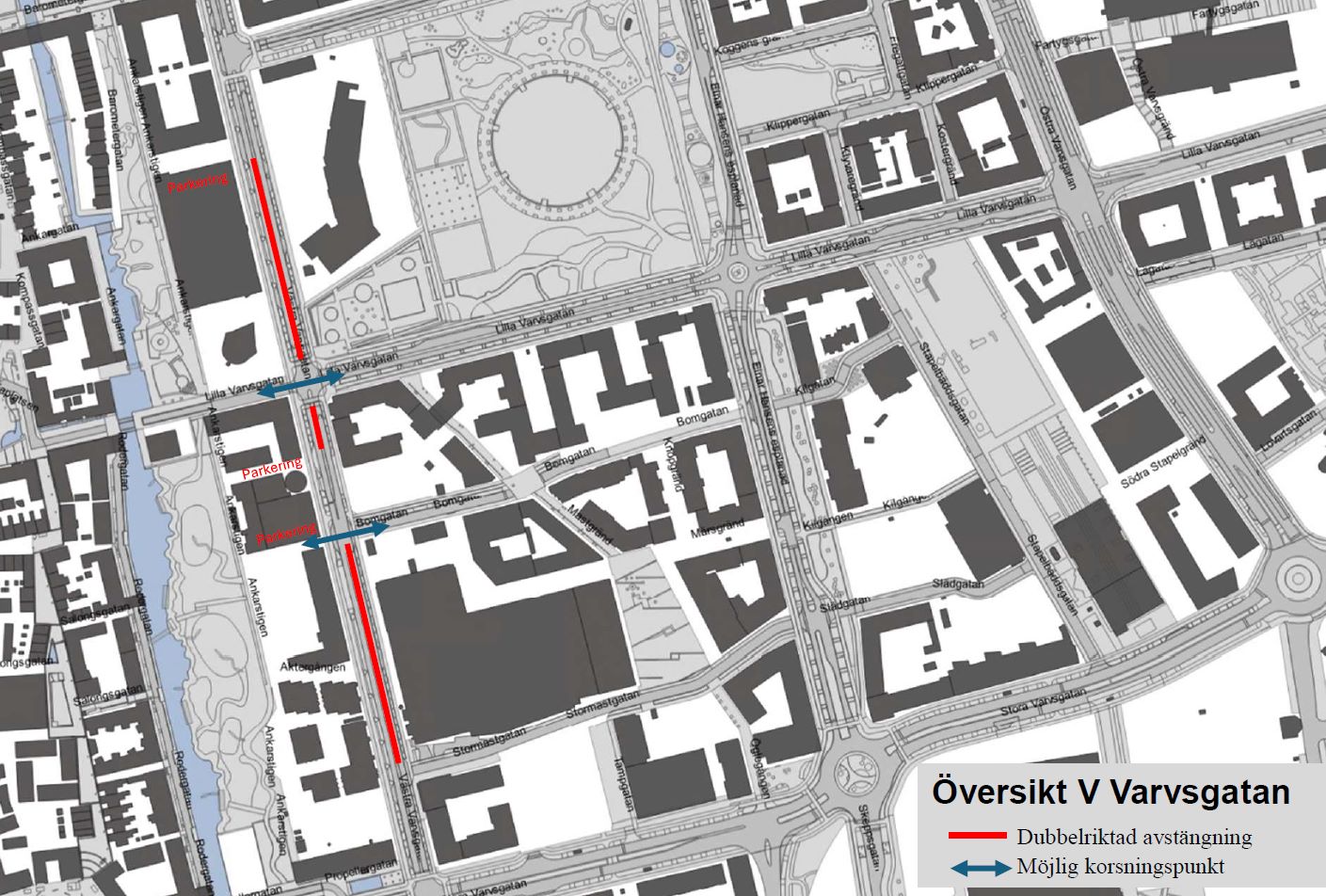 Karta över Västra Varvsgatan och möjliga körvägar 23:00-05:00