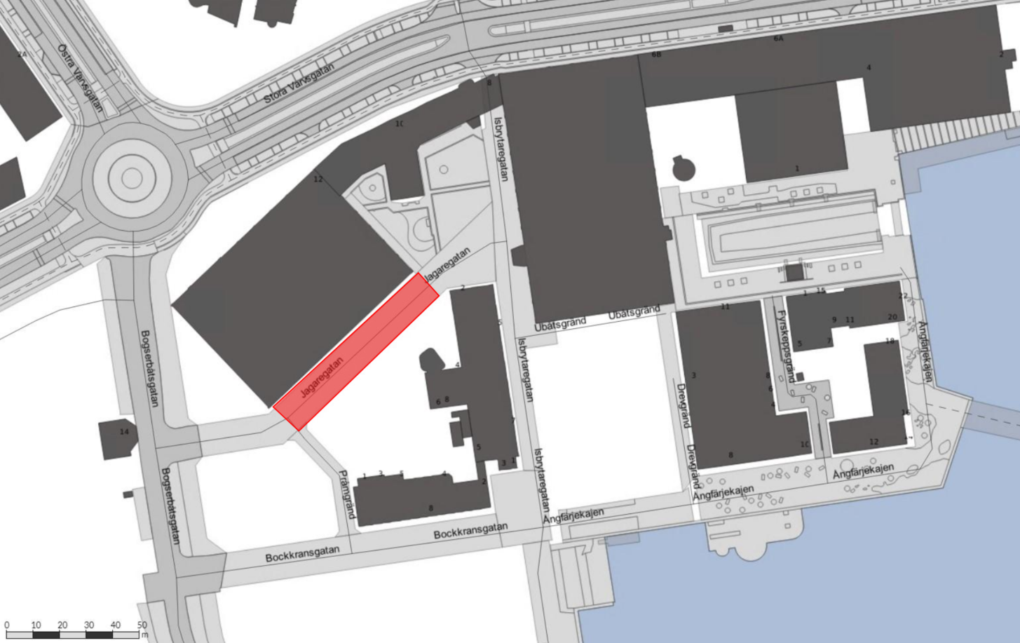 Avstängningsområdet Jagaregatan mellan Bogserbåtsgatan och Isbrytegatan.
