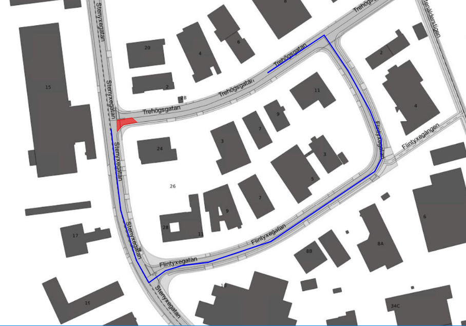 Arbetsområdet i korsningen Trehögsgatan och Stenyxegatan.
