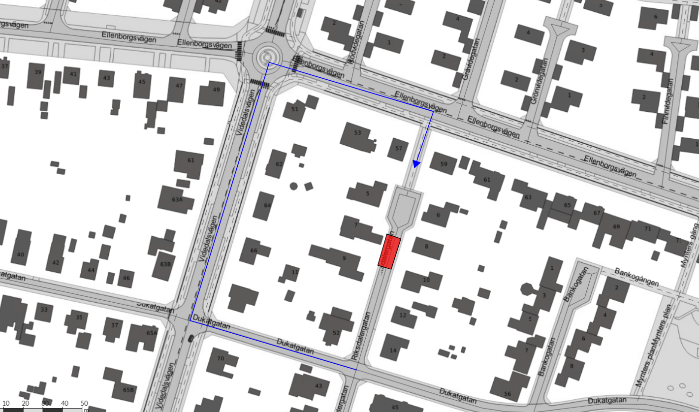 Arbetsområdet på Riksdalergatan mellan Ellenborgsvägen och Dukatgatan.