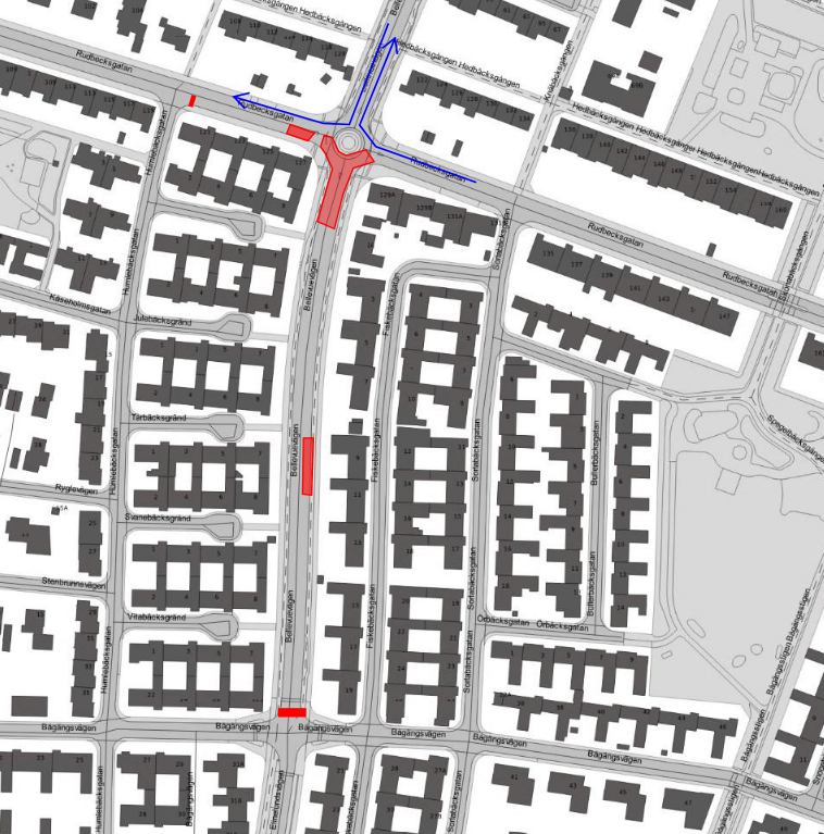 Arbetsområdet på Bellevuevägen mellan Bågängsvägen och Rudbecksgatan.