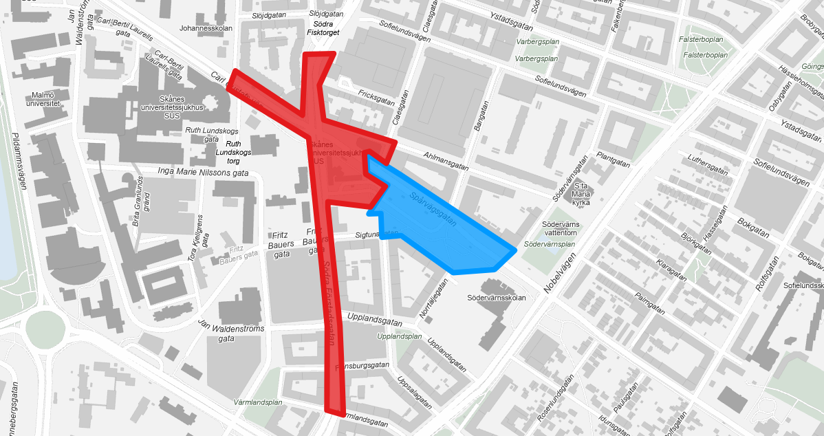 Planerade arbetsområden runt Södervärns bussterminal.