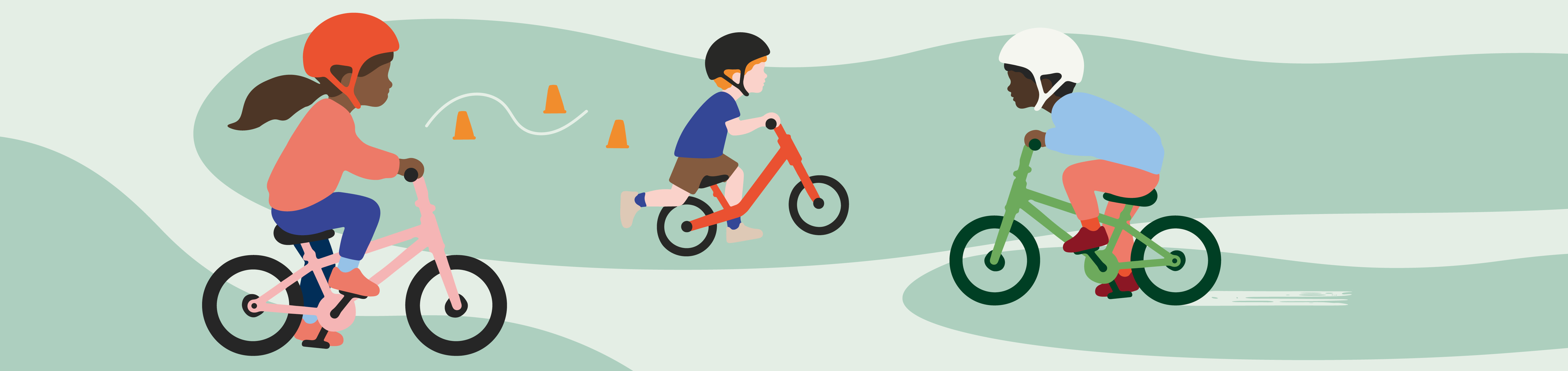 Illustrationer som visar tre barn som cyklar.